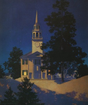 Oil parrish, maxfield Painting - Peaceful Night (Church at Norwich, Vermont), 1950 by Parrish, Maxfield