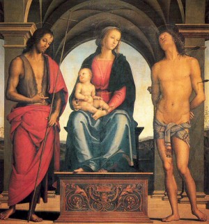 Oil madonna Painting - Madonna and Child with Saints John the Baptist and Sebastian    1493 by Perugino ,Pietro