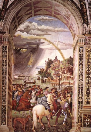Oil pinturicchio Painting - Aeneas Piccolomini Leaves for the Council of Basle    1502-08 by Pinturicchio
