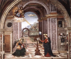 Oil annunciation Painting - Annunciation    1501    Cappella Baglioni, Collegiata di Santa Maria Maggiore by Pinturicchio