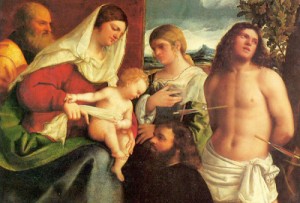 Oil piombo, sebastiano del Painting - The Holy Family with Saints Catherine & Sebastian and a Donor by Piombo, Sebastiano del