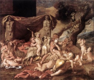 Oil poussin, nicolas Painting - Bacchanal of Putti    1626 by Poussin, Nicolas