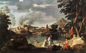 Oil landscape Painting - Landscape with Orpheus and Euridice   1648 by Poussin, Nicolas