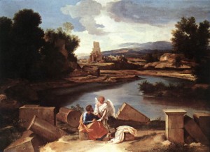 Oil angel Painting - Landscape with St Matthew and the Angel   c. 1645 by Poussin, Nicolas