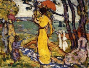 Oil prendergast, maurice brazil Painting - A Lady in Yellow in the Park by Prendergast, Maurice Brazil