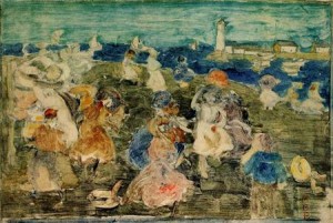 Oil Painting - Beach Scene with Lighthouse 1900-1902 by Prendergast, Maurice Brazil