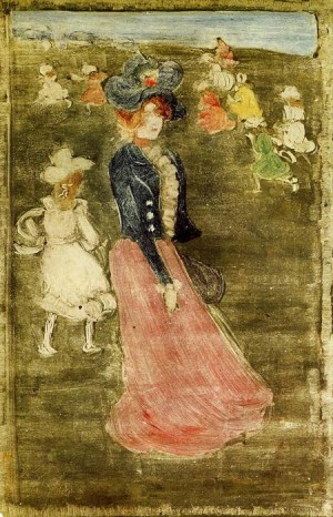 Oil prendergast, maurice brazil Painting - Lady in a Pink Skirt 1895-1897 by Prendergast, Maurice Brazil