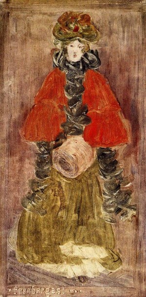 Oil prendergast, maurice brazil Painting - Lady with Red Cape and Muff 1900-1902 by Prendergast, Maurice Brazil
