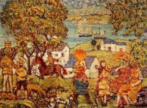 Oil landscape Painting - Landscape Figures, Cottages and Boats 1916-1918 by Prendergast, Maurice Brazil