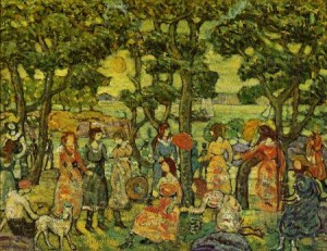 Oil prendergast, maurice brazil Painting - Landscape with Figures 1921 by Prendergast, Maurice Brazil