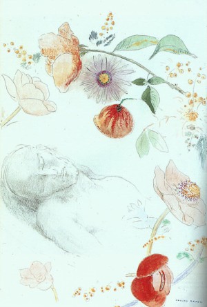 Oil redon, odilon Painting - Bust of a Man Asleep amid Flower by Redon, Odilon