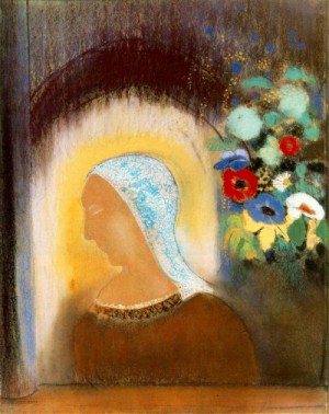Oil redon, odilon Painting - Profile and Flowers     1912 by Redon, Odilon