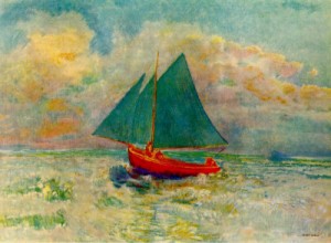 Oil red Painting - Red Boat with a Blue Sail, 1906-07 by Redon, Odilon