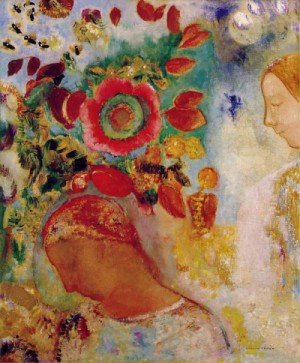Oil redon, odilon Painting - Two Young Girls Among Flowers  c. 1905-12 by Redon, Odilon
