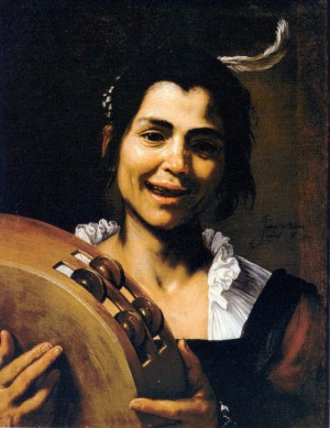 Oil girl Painting - Girl with a Tambourine (Allegory of Hearing)   1637 by Ribera, Jusepe de