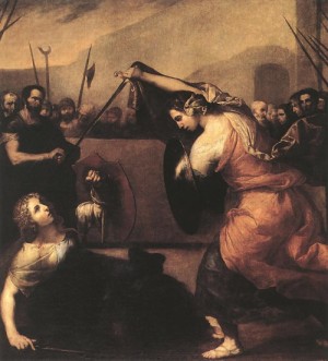Oil the Painting - The Duel of Isabella de Carazzi and Diambra de Pottinella   1636 by Ribera, Jusepe de