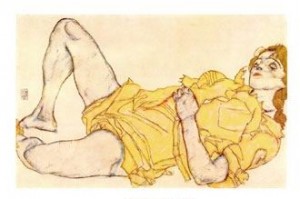 Oil schiele, egon Painting - Fiyuro Fenninile Sdraiato con abito giallo by Schiele, Egon