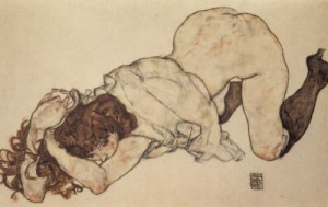 Oil Painting - Kneeling Girl Propped on Her Elbows. 1917 by Schiele, Egon