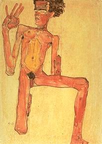 Oil Nude Painting - Kneeling Male Nude (Self-Portrait). 1910 by Schiele, Egon