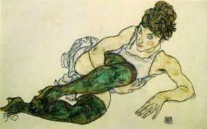 Oil schiele, egon Painting - Reclining Woman with Green Stockings  1917 by Schiele, Egon
