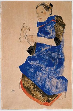 Oil people Painting - Seated Girl in Blue by Schiele, Egon