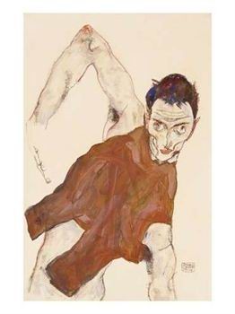 Oil portrait Painting - Self Portrait in a Jerkin with Right Elbow Raised, 1914 by Schiele, Egon