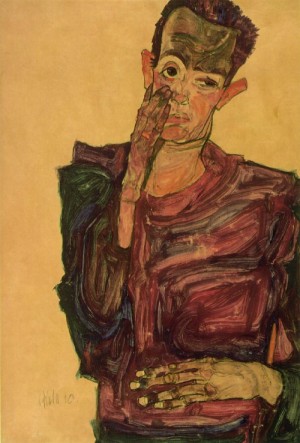 Oil schiele, egon Painting - Self-Portrait Pulling Cheek  1910 by Schiele, Egon