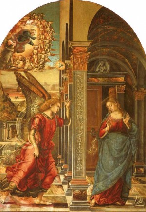 Oil fantasy and mythology Painting - Annunciaton, Pinacoteca Civica, Volterra by Signorelli, Luca