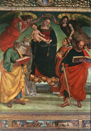 Oil fantasy and mythology Painting - Madonna and Child with Saints   -- Museo Nazionale di Castel S. Angelo, Rome by Signorelli, Luca