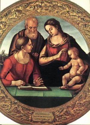 Oil signorelli, luca Painting - Madonna and Child with St Joseph and Another Saint     1490-92 by Signorelli, Luca