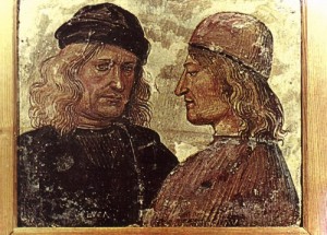 Oil fantasy and mythology Painting - Self-portrait with Vitelozzo Vitelli    1500-03 by Signorelli, Luca