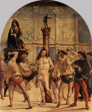 Oil signorelli, luca Painting - The Scourging of Christ    c. 1480 by Signorelli, Luca