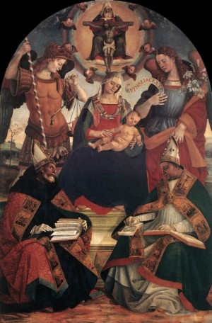 Oil fantasy and mythology Painting - The Trinity, the Virgin and Two Saints     1510 by Signorelli, Luca