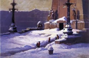 Oil steele, theodore clement Painting - Monument in the Snow 1918 by Steele, Theodore Clement