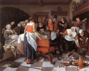 Oil the Painting - Celebrating the Birth    1664 by Steen, Jan