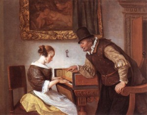 Oil the Painting - The Harpsichord Lesson    c. 1660 by Steen, Jan