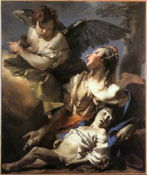 Oil fantasy and mythology Painting - The Angel Succouring Hagar    1732 by Tiepolo, Giovanni Battista