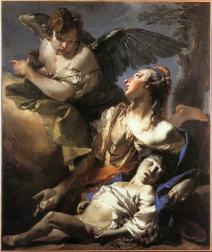 Oil angel Painting - The Angel Succouring Hagar    1732 by Tiepolo, Giovanni Battista