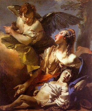 Oil angel Painting - The Angel Succouring Hagar, 1732 by Tiepolo, Giovanni Battista