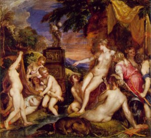 Oil titian Painting - Diana and Callisto  1559 by Titian