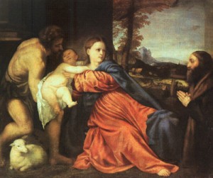 Oil titian Painting - Holy Family and Donor, 1513-14 by Titian