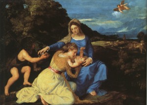 Oil madonna Painting - Madonna & Child with the Young St. John the Baptist & St. Catherine, 1530 by Titian