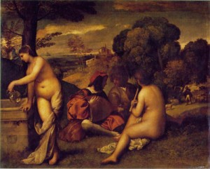 Oil titian Painting - Pastoral Scene (Fete Champetre)  1508 by Titian