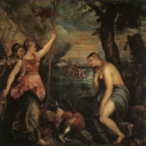 Oil titian Painting - Spain Succouring Religion, 1575 by Titian