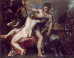 Oil titian Painting - Venus and Adonis  c. 1555 by Titian