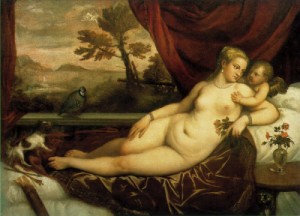Oil titian Painting - Venus and Cupid with a Partridge  c. 1550 by Titian