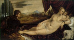 Oil titian Painting - Venus and Cupid with an Organist  c.1548-49 by Titian