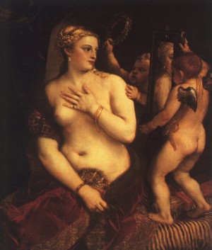 Oil titian Painting - Venus with a Mirror, 1555 by Titian