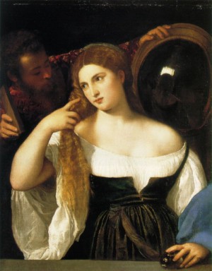 Oil woman Painting - Woman with a Mirror  c.1513-15 by Titian