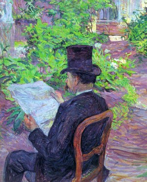 Oil the Painting - Desire Dihau Reading a Newspaper in the Garden, 1890 by Toulouse Lautrec, Henri de